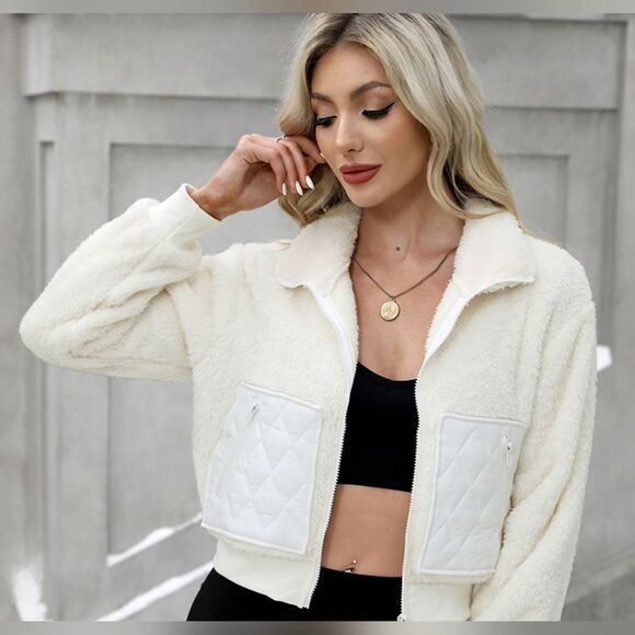 Alireverie Jackets & Blazers - Cropped Cream Teddy Jacket with Fuzzy Texture